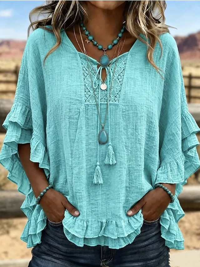 Women's Bohemian Ruffle Blouse Solid Color Vacation Half Sleeve V Neck Regular Tops