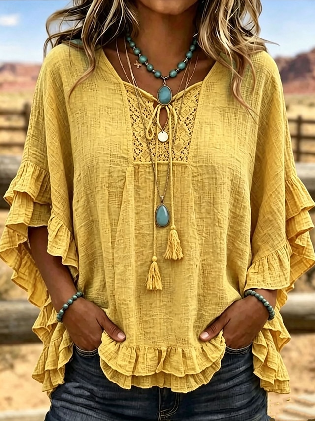 Women's Bohemian Ruffle Blouse Solid Color Vacation Half Sleeve V Neck Regular Tops