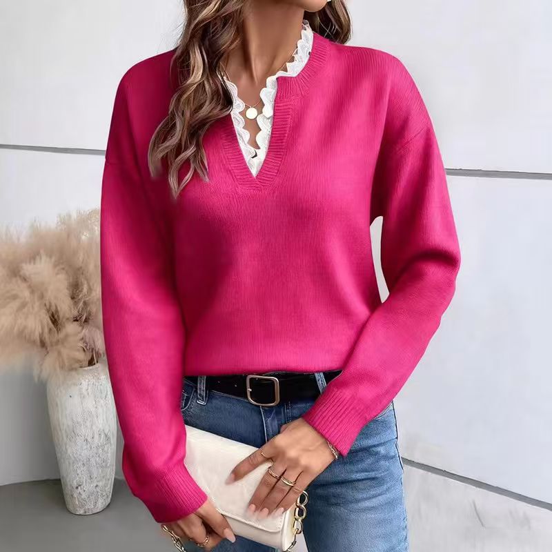 Pink Lace Trim V-Neck Knit Sweater, Casual Long Sleeve Pullover