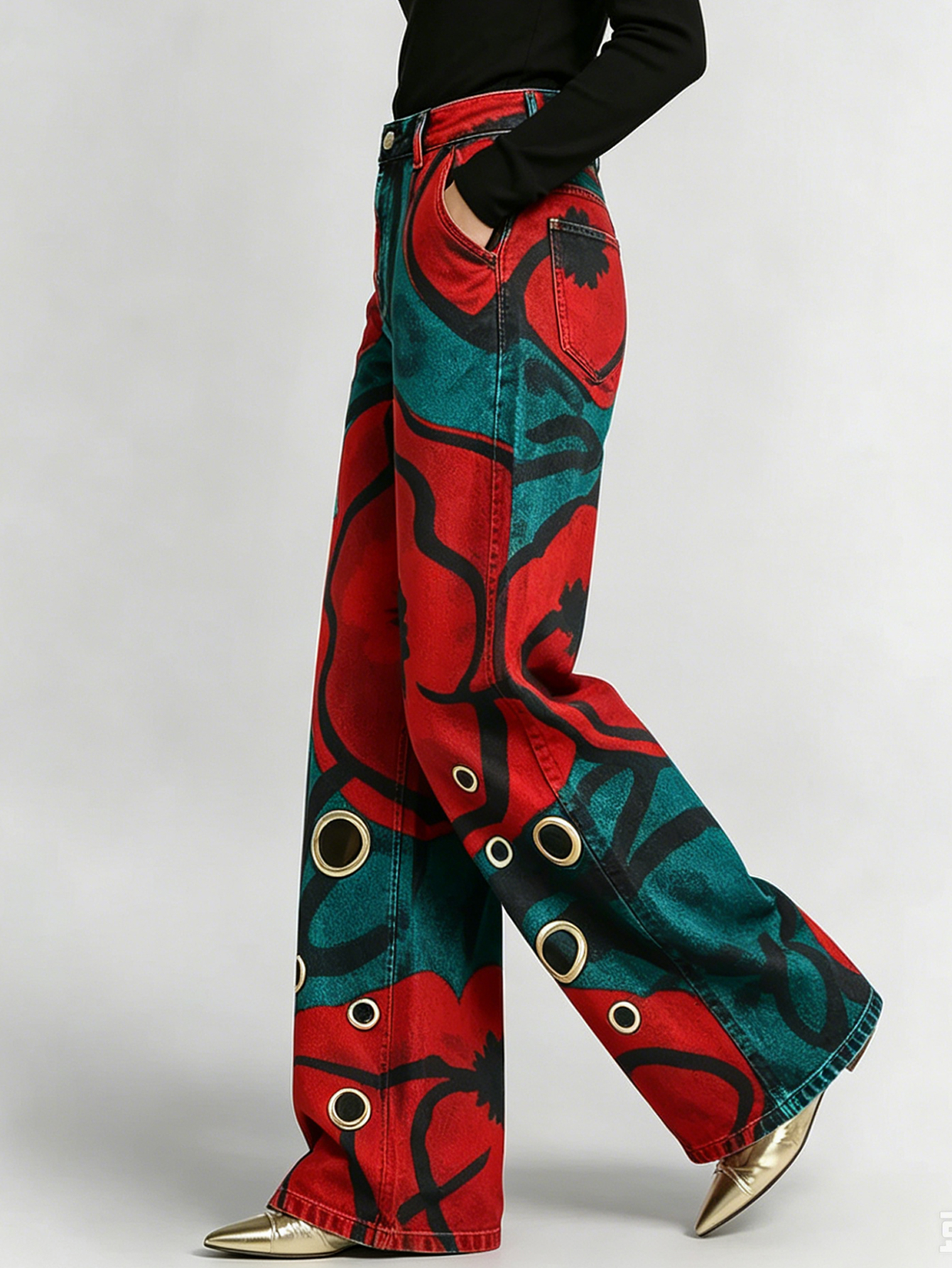 Vintage Floral Print Wide Leg Jeans – High Waist Loose Fit Eyelet Detail Denim Pants