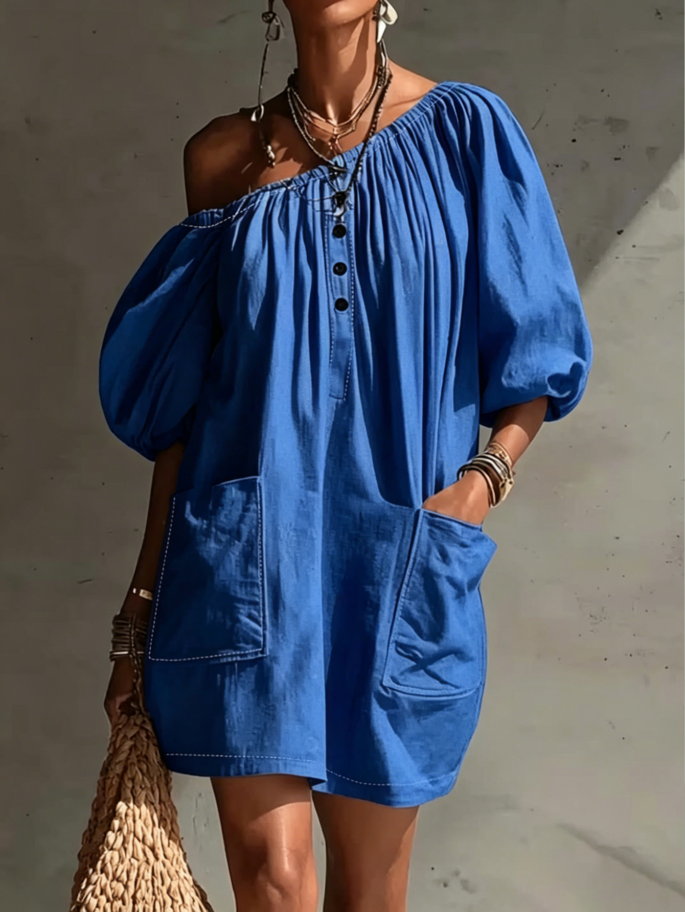 Off-Shoulder Puff Sleeve Mini Dress – Button Front Loose Fit Pocket Dress