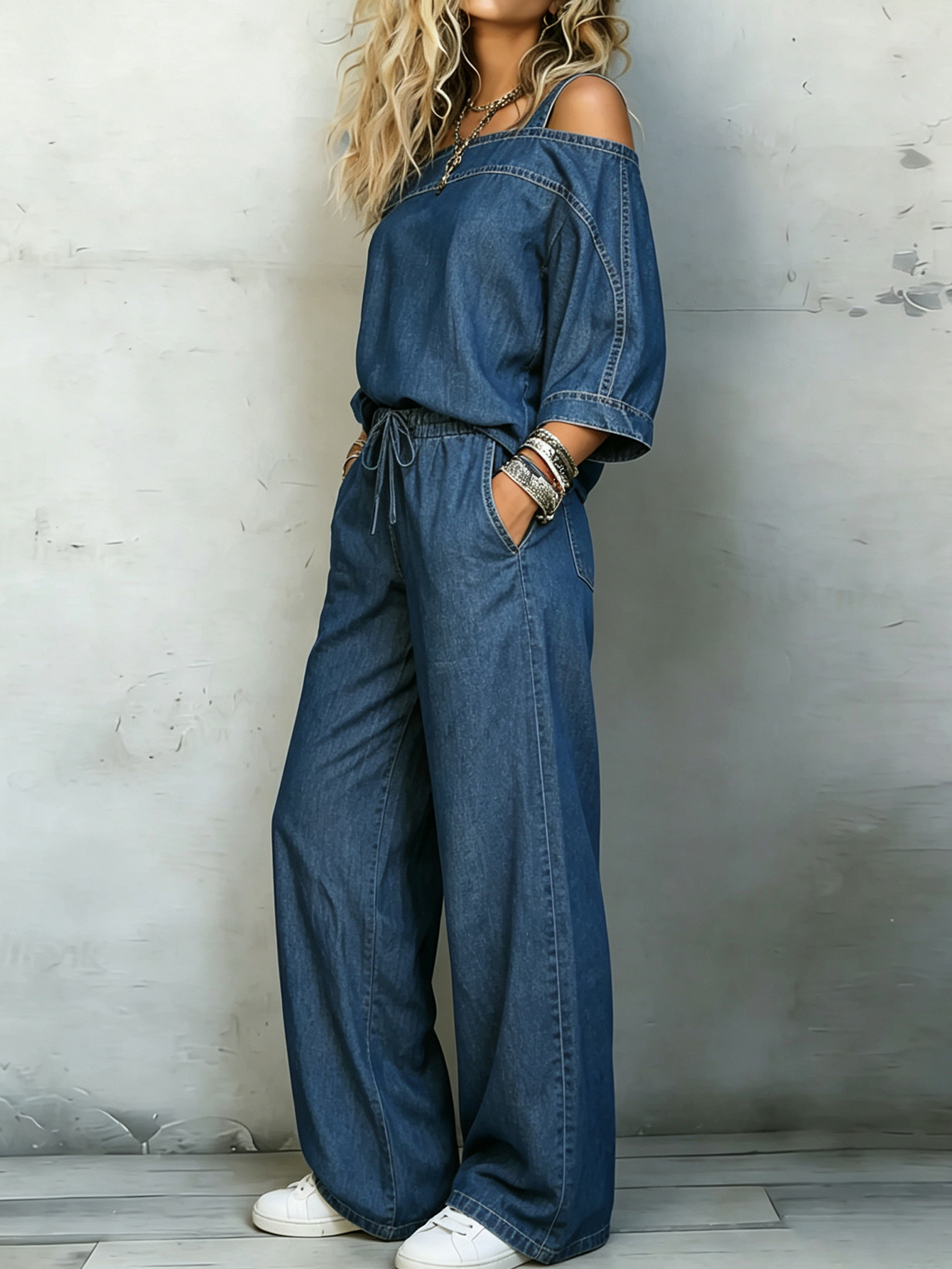 Women's Off-Shoulder Denim 2-Piece Set Loose Top & High-Waist Wide Leg Pants Casual Outfit