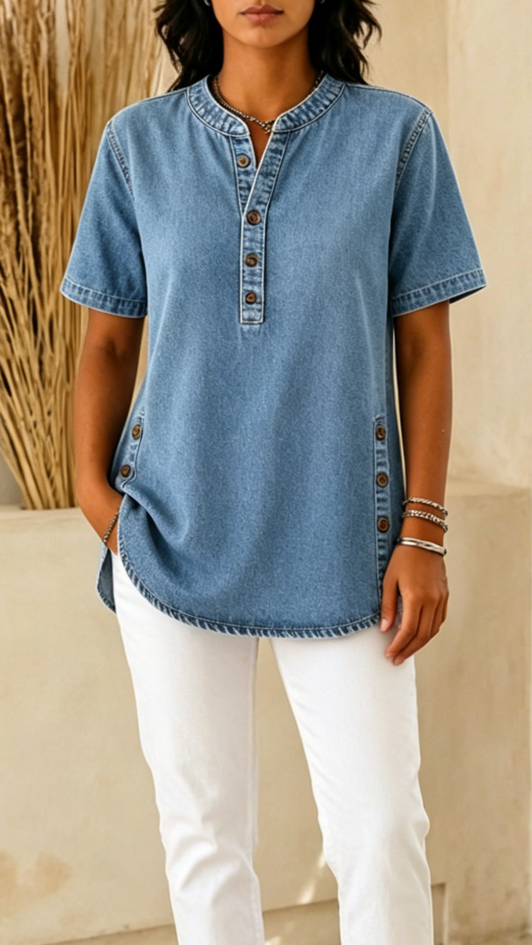 Women's Denim-Effect Cotton-Blend Henley Shirt