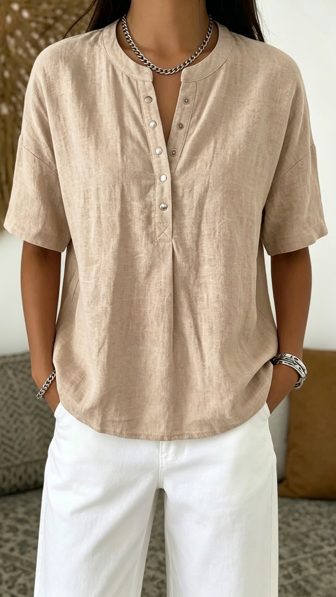 Women's  Henley Neck Cotton-Blend Short-Sleeve Top