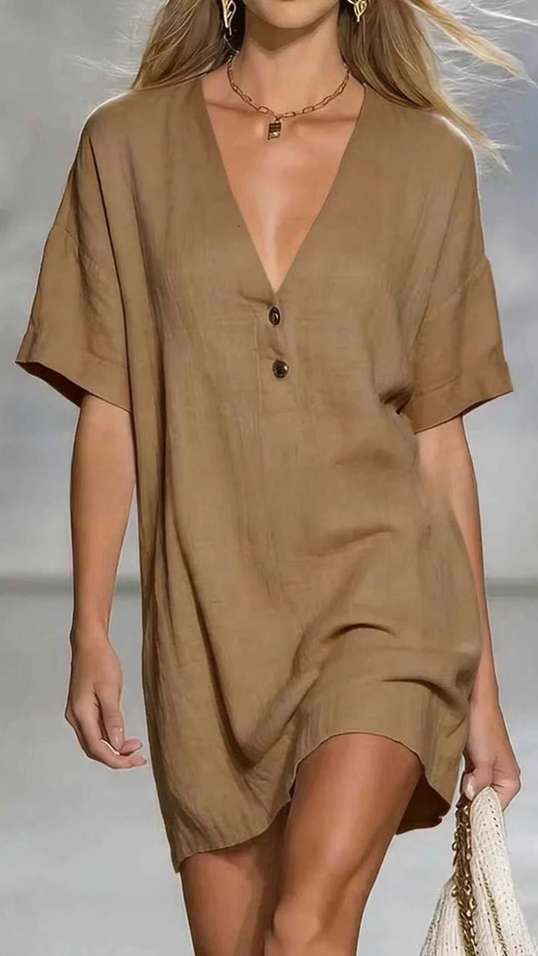 Women's Linen-Cotton V-Neck Loose Shift Dress