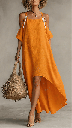 Women's Cotton‑blend Warm Orange Tie‑Strap Cold‑Shoulder Irregular‑Hem Midi Dress