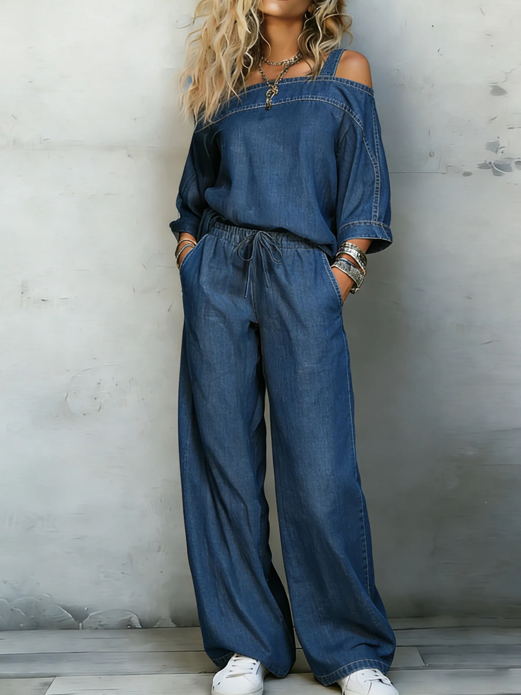 Women's Off-Shoulder Denim 2-Piece Set Loose Top & High-Waist Wide Leg Pants Casual Outfit