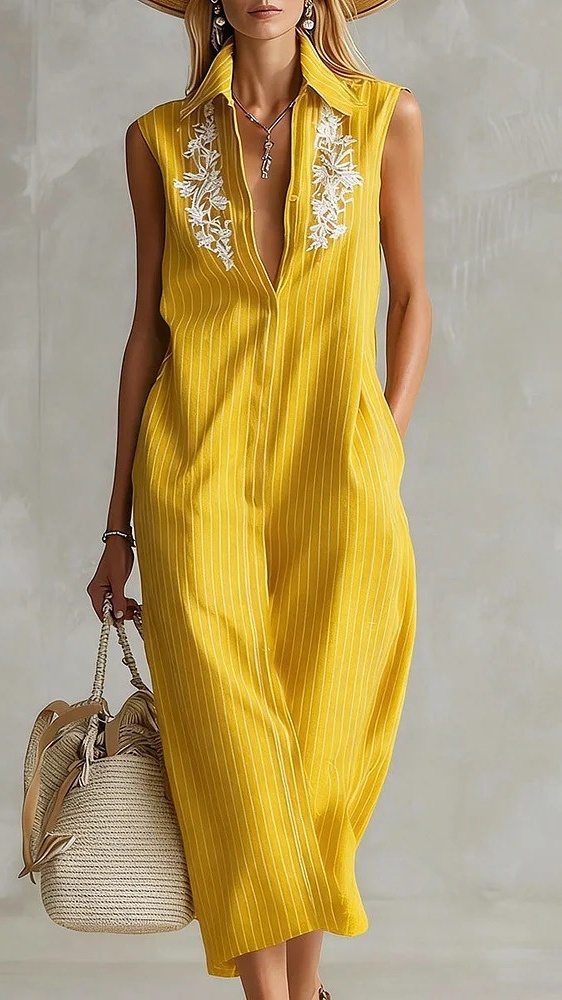 Women's Sleeveless V-Neck Striped Shirt Dress