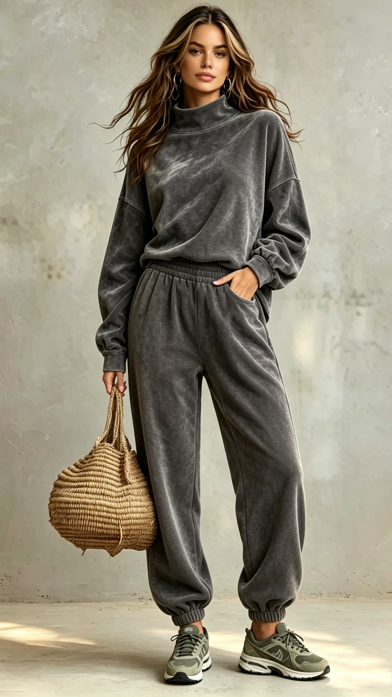 2‑Piece Velvet Co‑Ord Set | Mock Neck Long‑Sleeve Top & Elastic Cuff Jogger Pants Casual Loungewear Outfit