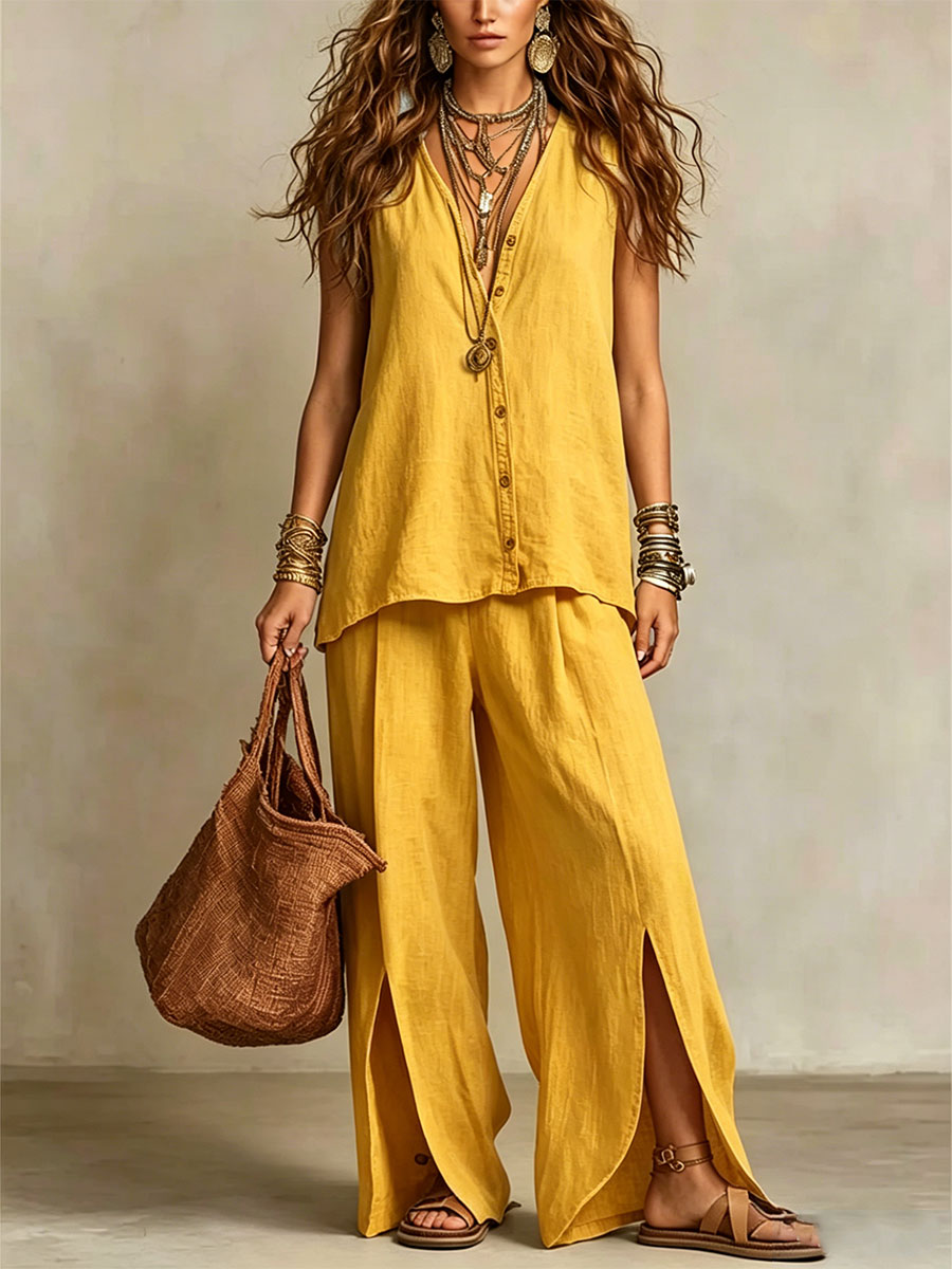 Women's V-neck Tank Top And Wide-leg Trousers Set