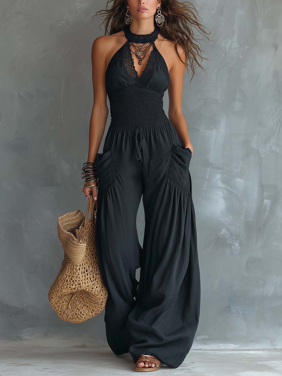 Retro Lace Halter-Neck Cotton-Linen Jumpsuit With Pockets