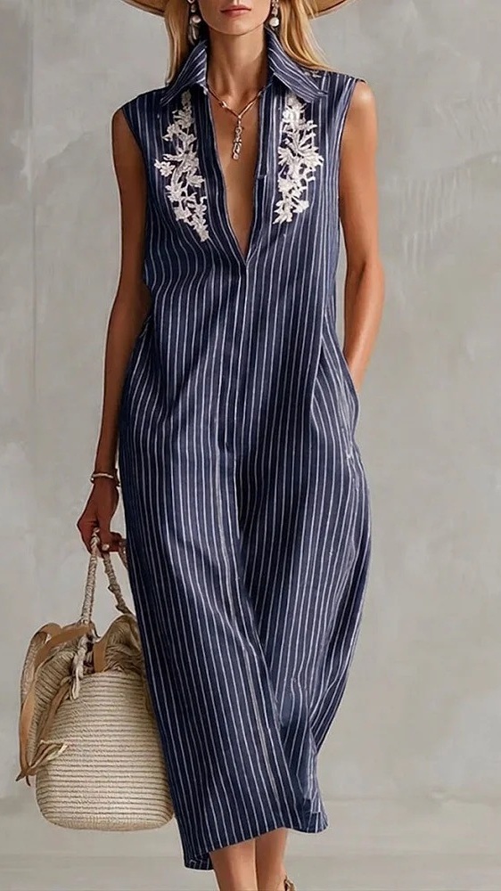 Women's Sleeveless V-Neck Striped Shirt Dress