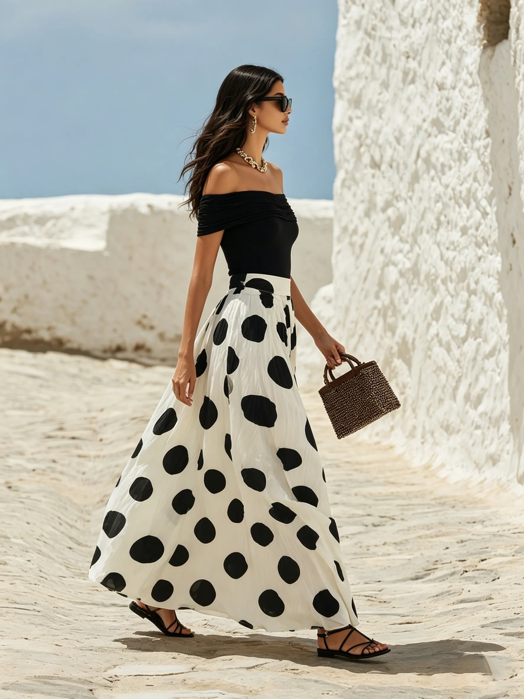 Women's Off-Shoulder Knit Top & Polka Dot Maxi Skirt Set