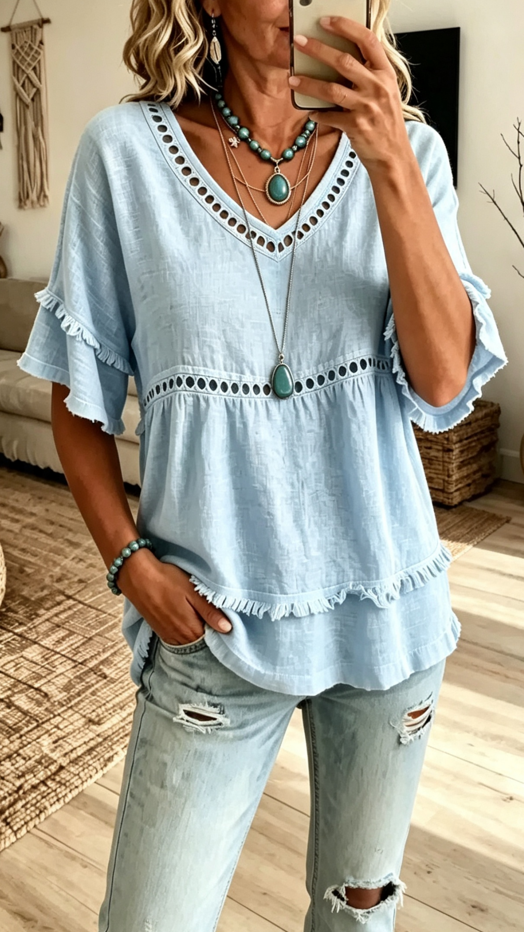 Eyelet Lace Trim Fringe Hem V-Neck Casual Top