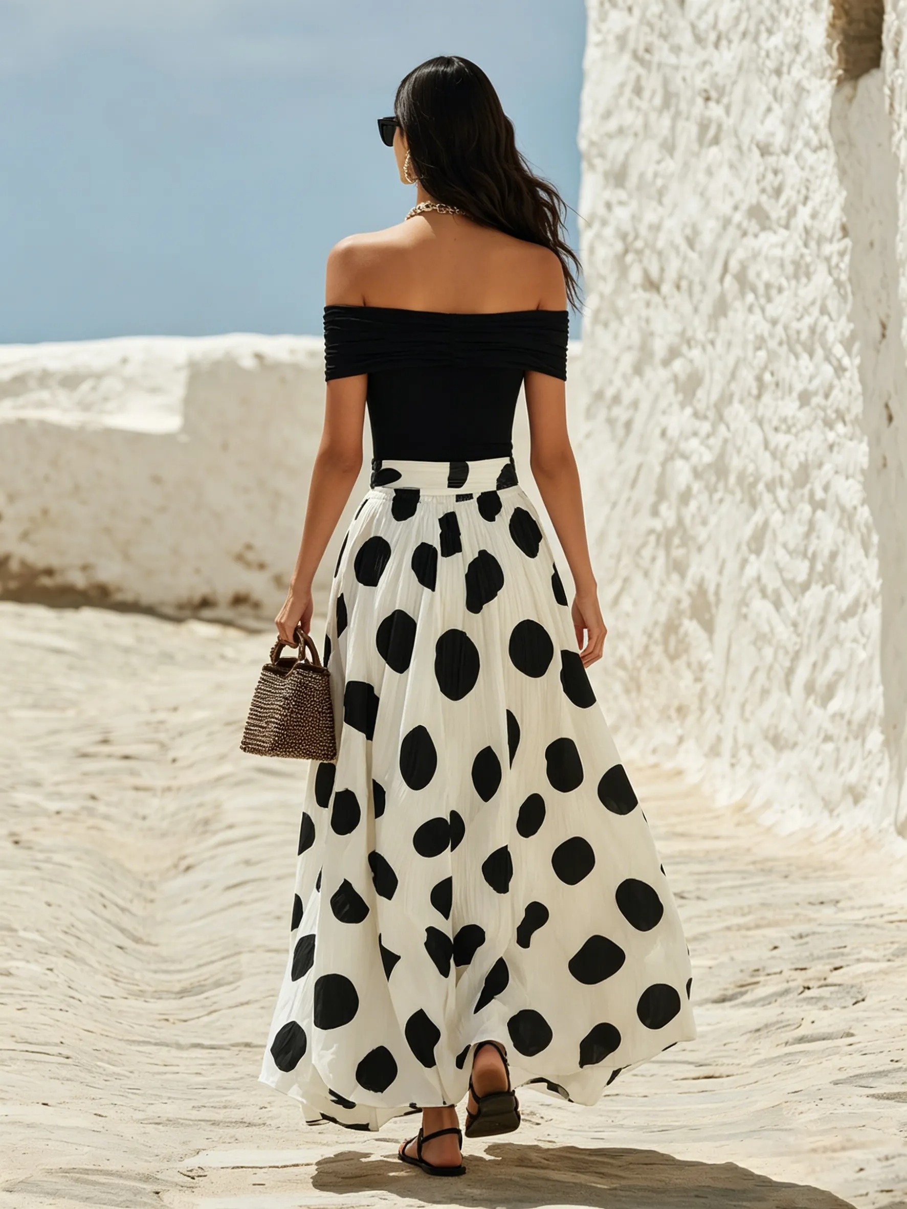 Women's Off-Shoulder Knit Top & Polka Dot Maxi Skirt Set