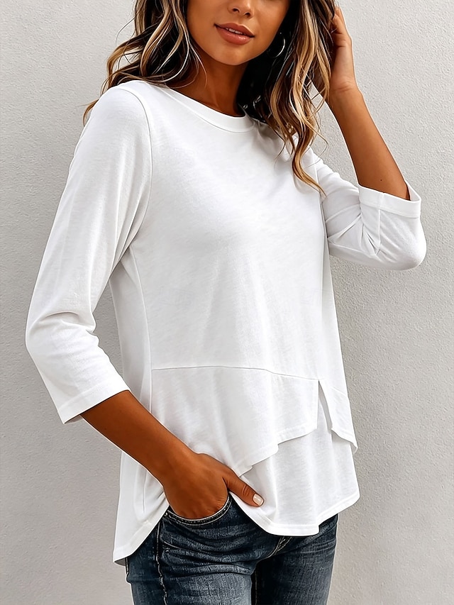 Women's T Shirt Solid Color Stylish Casual Long Sleeve Round Neck Regular Tops