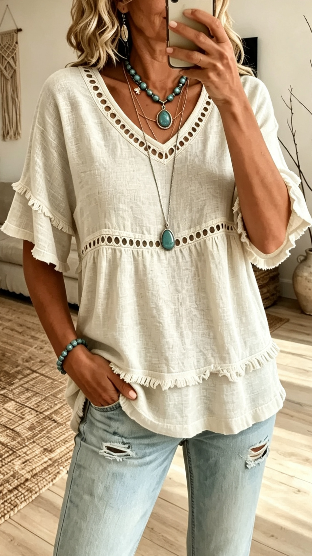 Eyelet Lace Trim Fringe Hem V-Neck Casual Top