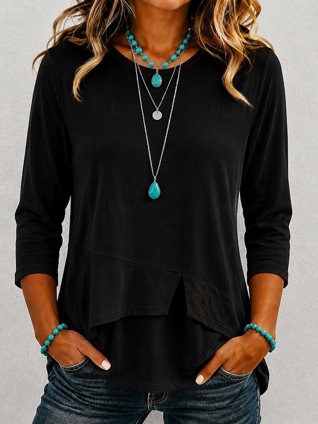 Women's T Shirt Solid Color Stylish Casual Long Sleeve Round Neck Regular Tops