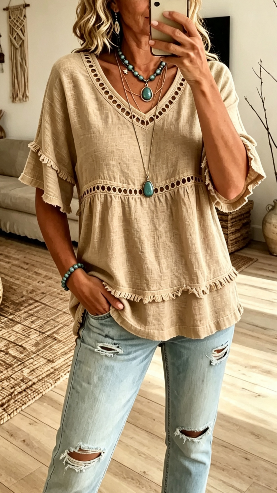 Eyelet Lace Trim Fringe Hem V-Neck Casual Top