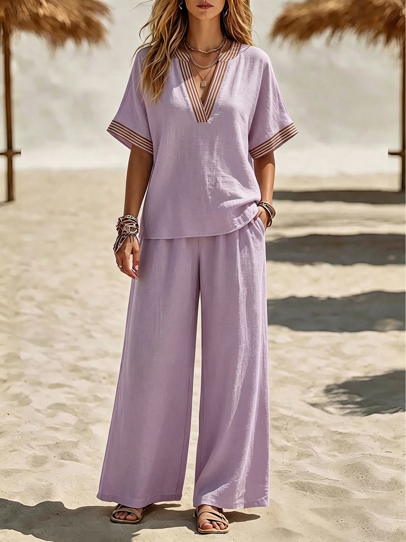 Contrast Trim V-Neck Wide Leg Set – Relaxed Short Sleeve Two-Piece Outfit