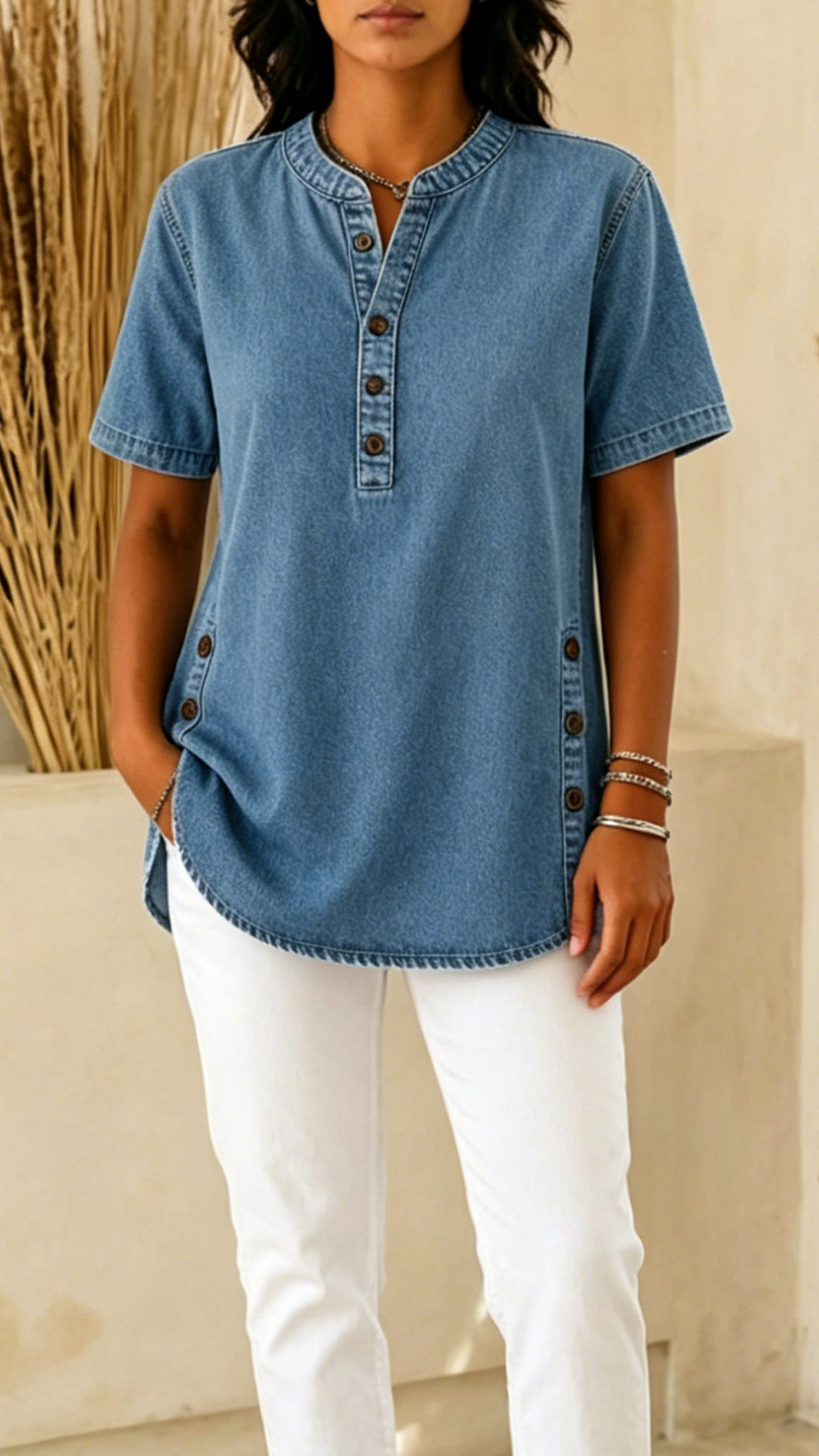 Women's Denim-Effect Cotton-Blend Henley Shirt