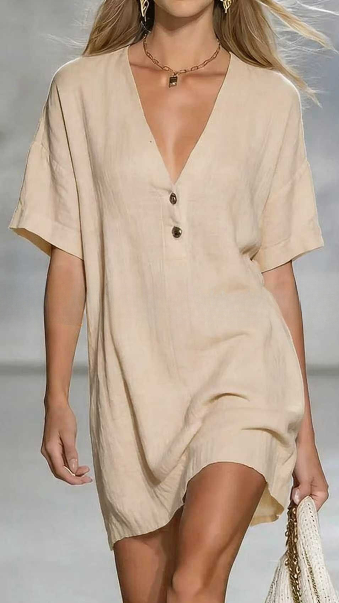 Women's Linen-Cotton V-Neck Loose Shift Dress