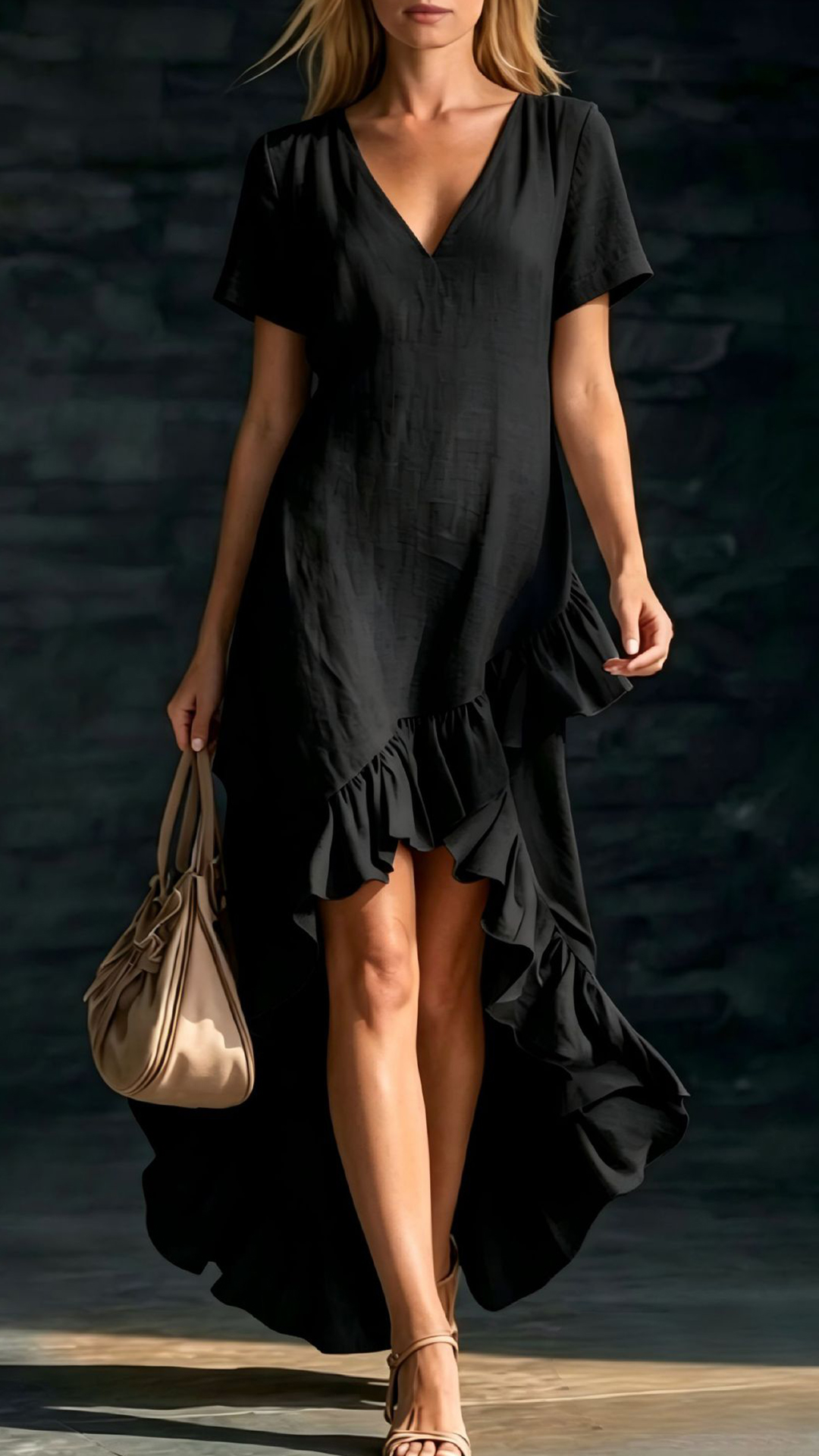 Women's Cotton-Blend Ruffled V-Neck Dress