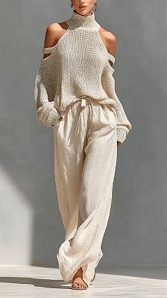 Women's Cotton-Blend Off-White Cold-Shoulder Knit Loose Set