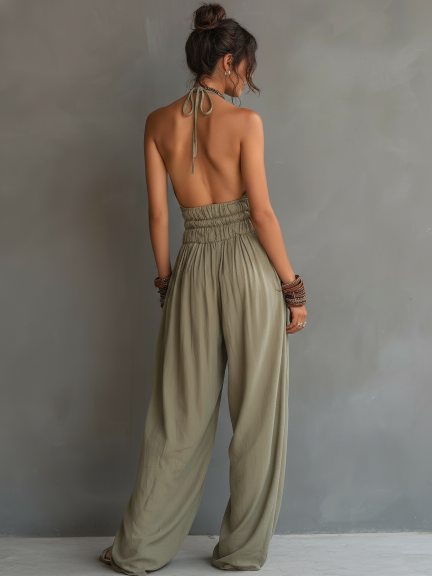 Women's Minimalist Halter-Neck V-Neck Sleeveless Waist-Cinching Jumpsuit MDZ2904D2Y