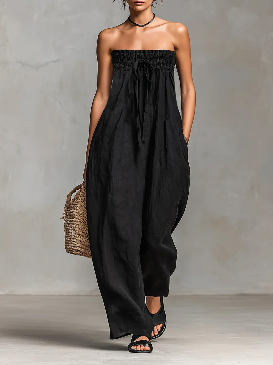 Women's Solid Color Strapless Casual Loose Cotton And Linen Jumpsuit