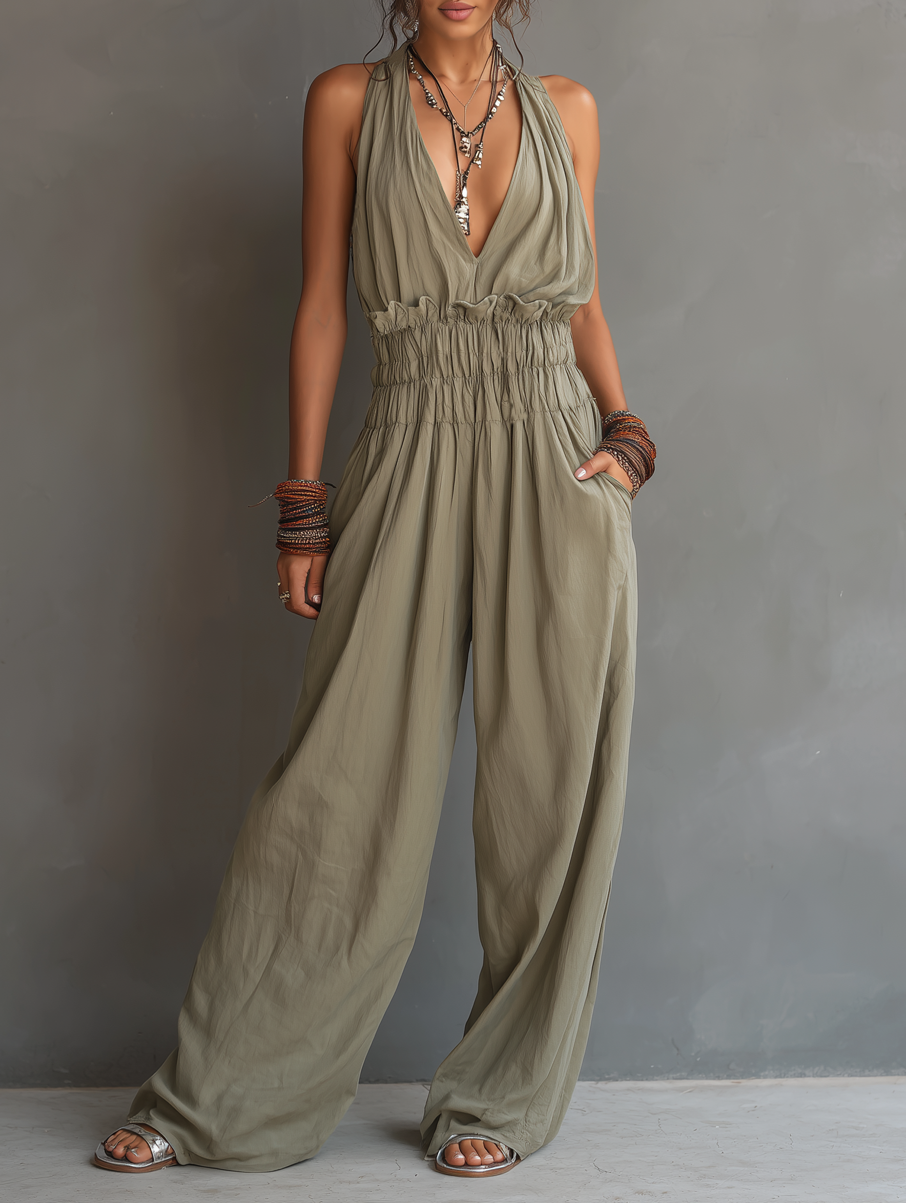 Women's Minimalist Halter-Neck V-Neck Sleeveless Waist-Cinching Jumpsuit MDZ2904D2Y