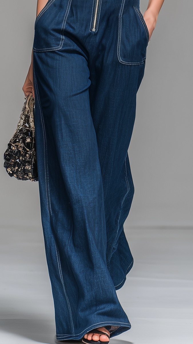 Women's Faux-Denim Retro Stand-Collar Sleeveless Zip-Front Jumpsuit