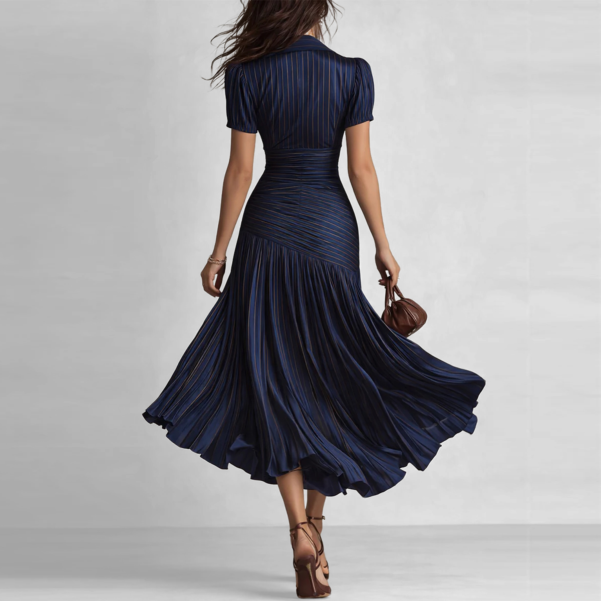 Women's Formal Striped Satin Pleated Flowy Hem Short Sleeve Midi Dress