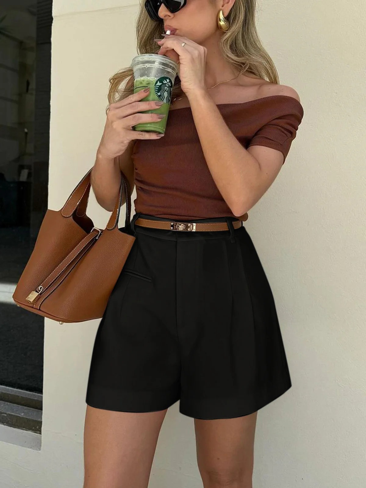 Women's High-Waist Pleated Tailored Shorts with Rolled Hem