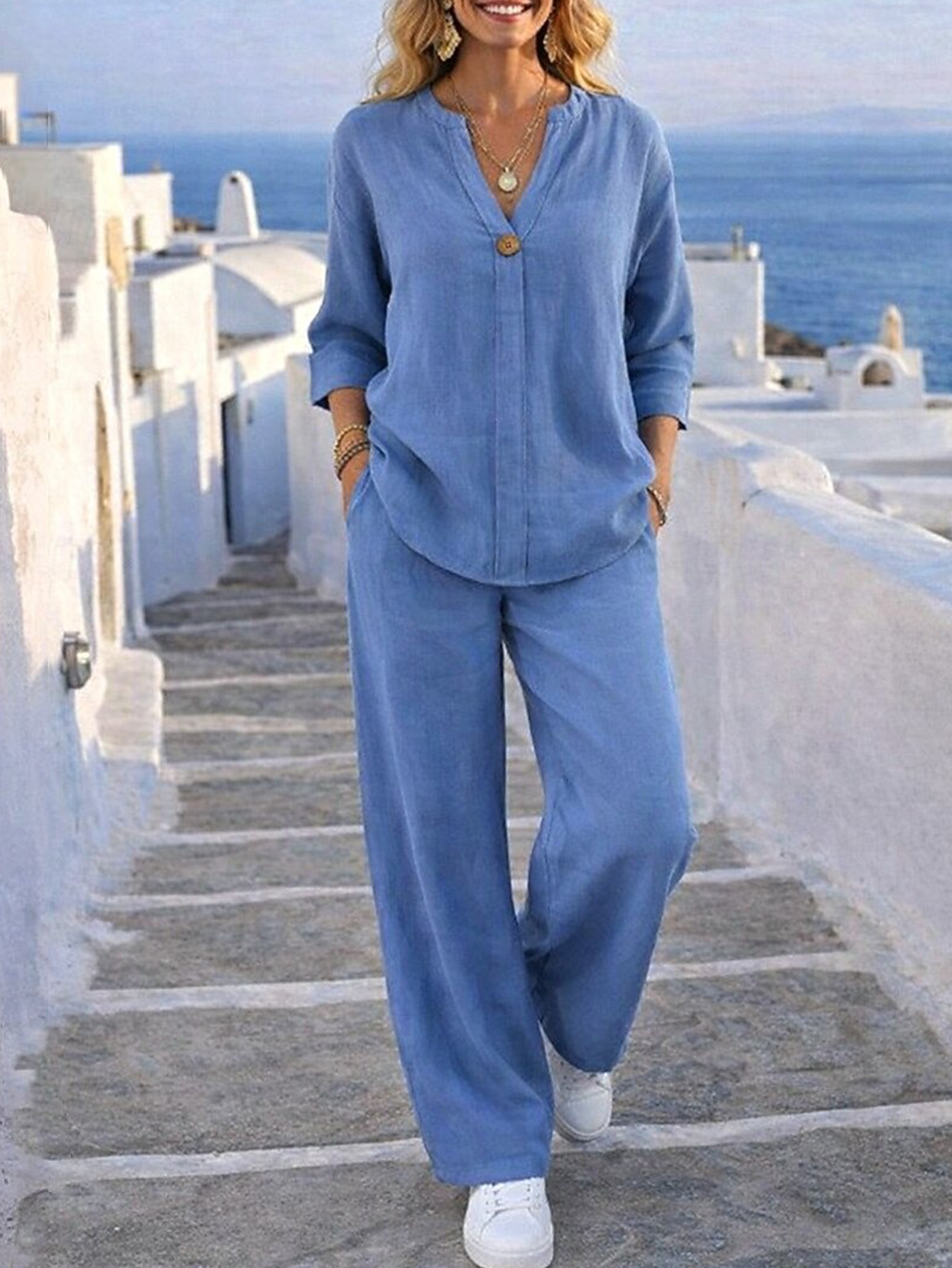 Vacation Linen Matching Set, Notch Neck Button Top & Wide Leg Pants