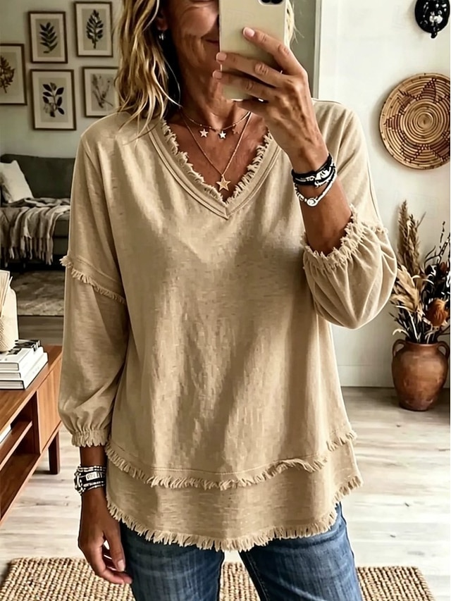 Women's Shirt Boho Shirt Lace Shirt Fringe Solid Color Plain Bohemia Vacation Daily Long Sleeve V Neck Long Tops