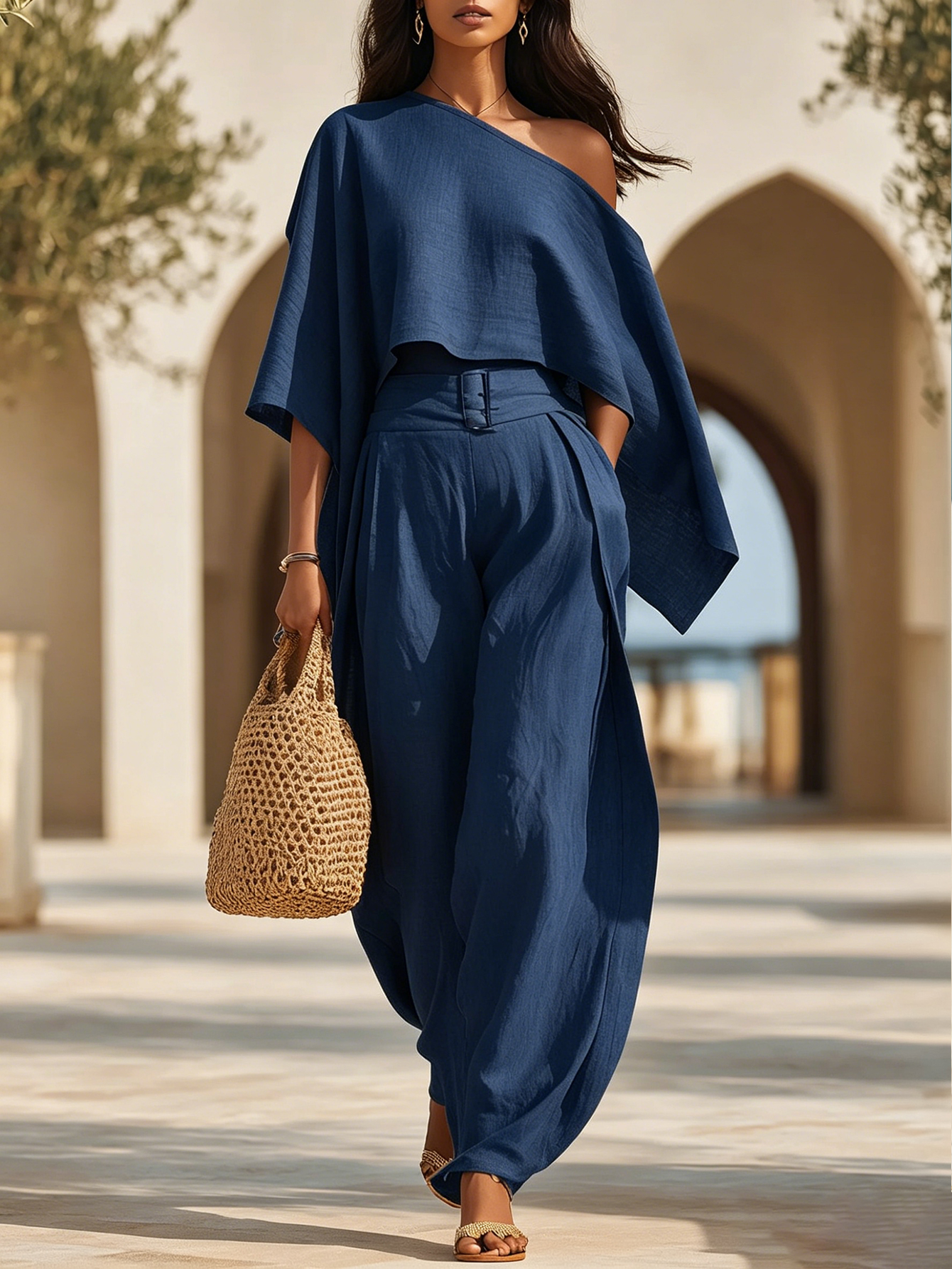 Tropical Beach Golden Yellow Linen Blend One Shoulder Crop Top Belted Wide Leg Two-Piece Set