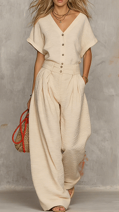 Women's Cotton-Blend Textured V-Neck Top & Wide-Leg Pants Set