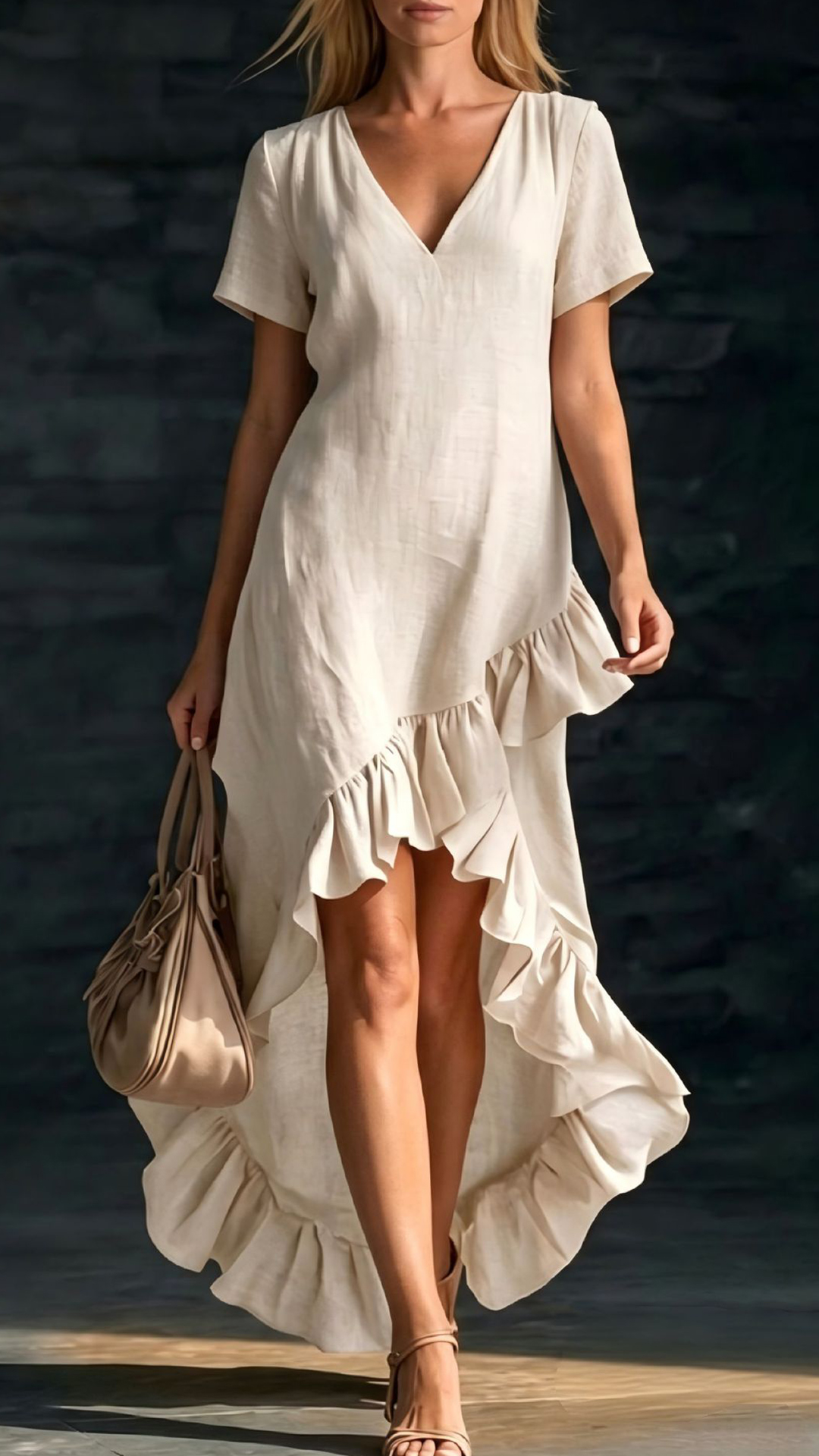 Women's Cotton-Blend Ruffled V-Neck Dress