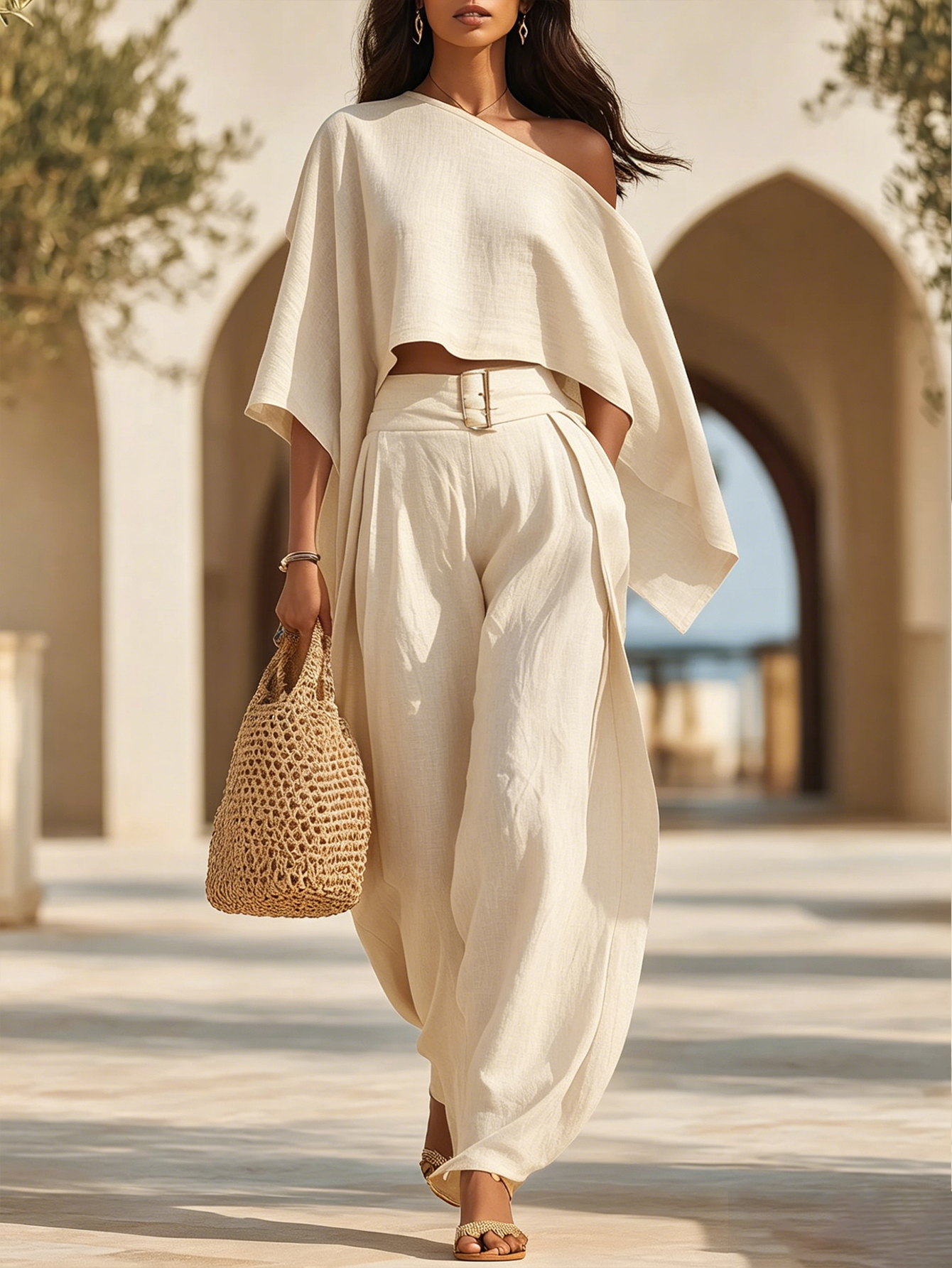 Tropical Beach Golden Yellow Linen Blend One Shoulder Crop Top Belted Wide Leg Two-Piece Set