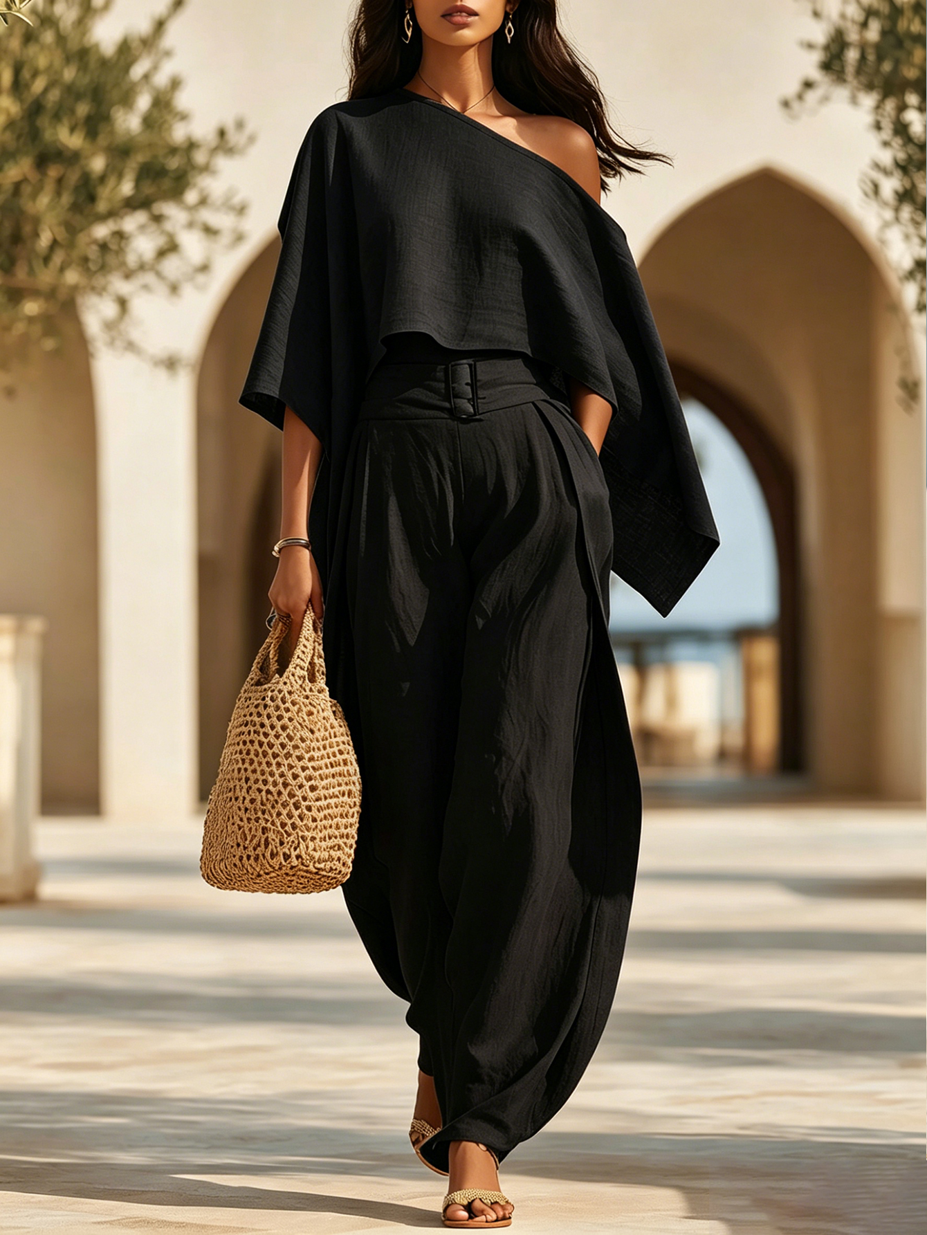 Tropical Beach Golden Yellow Linen Blend One Shoulder Crop Top Belted Wide Leg Two-Piece Set