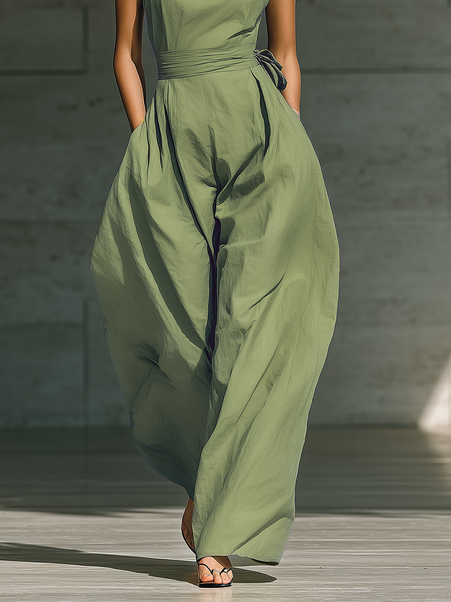 Women's Light Green Cotton And Linen Blend One-Shoulder Wide-Leg Jumpsuit With Tie Waist 