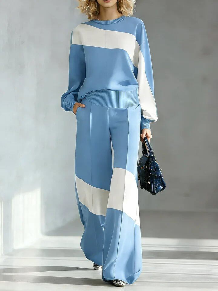 💙 Women’s Casual Irregular Color Block Set Long Sleeve Top & Wide Leg Pants Two-Piece Outfit