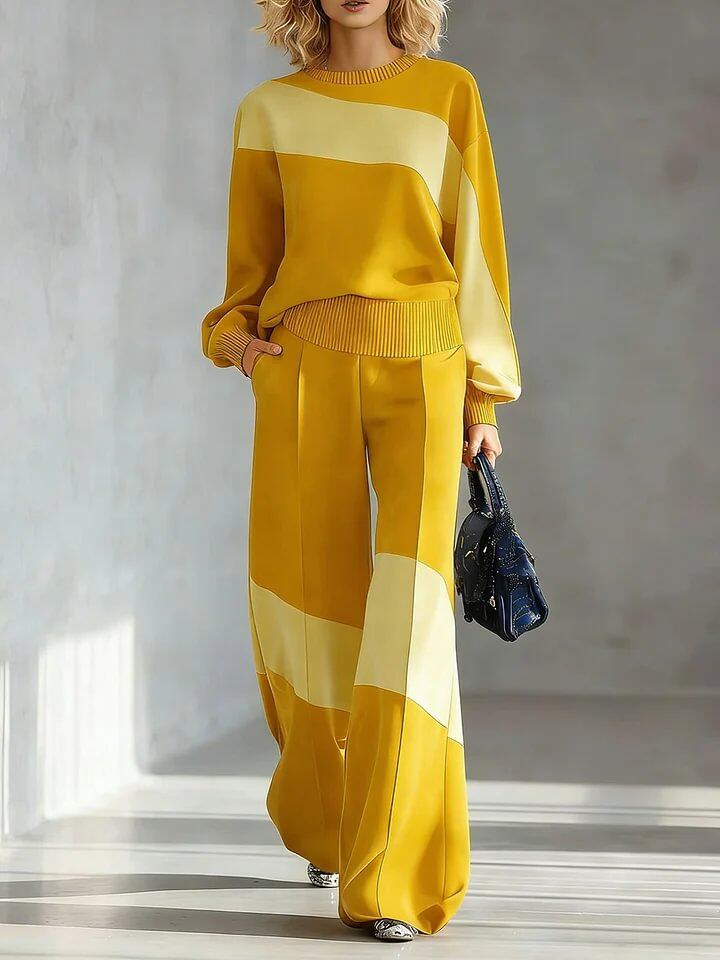 💙 Women’s Casual Irregular Color Block Set Long Sleeve Top & Wide Leg Pants Two-Piece Outfit
