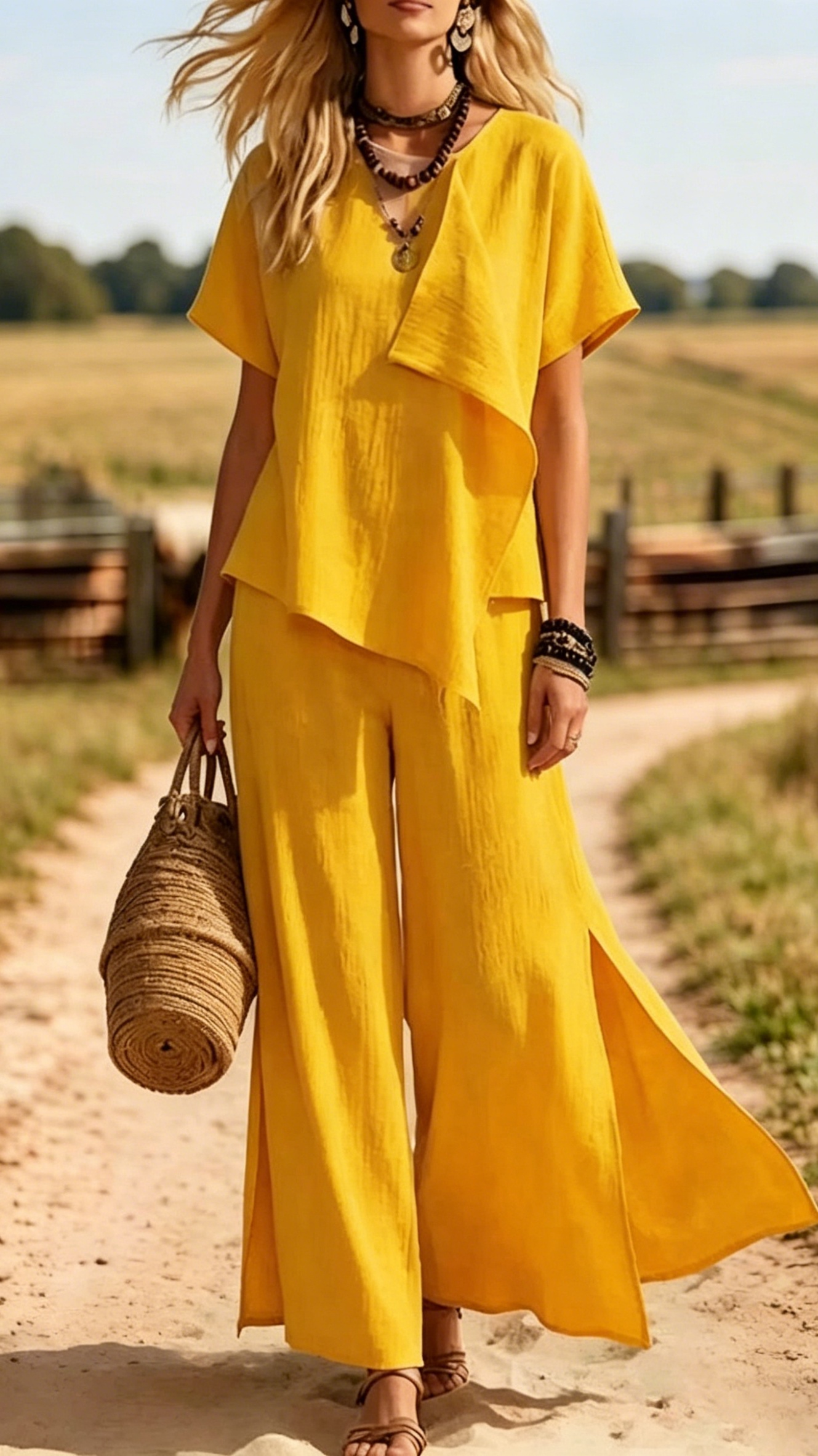 Women's Stylish Casual Set: Irregular Short-Sleeve Top & Slit Wide-Leg Pants