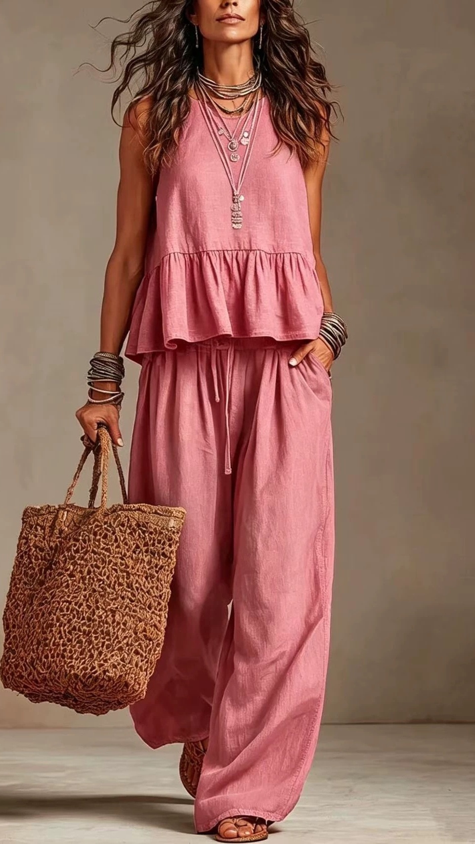 Women's Cotton-Linen Two-Piece Set: Ruffled Sleeveless Top & Wide-Leg Pants