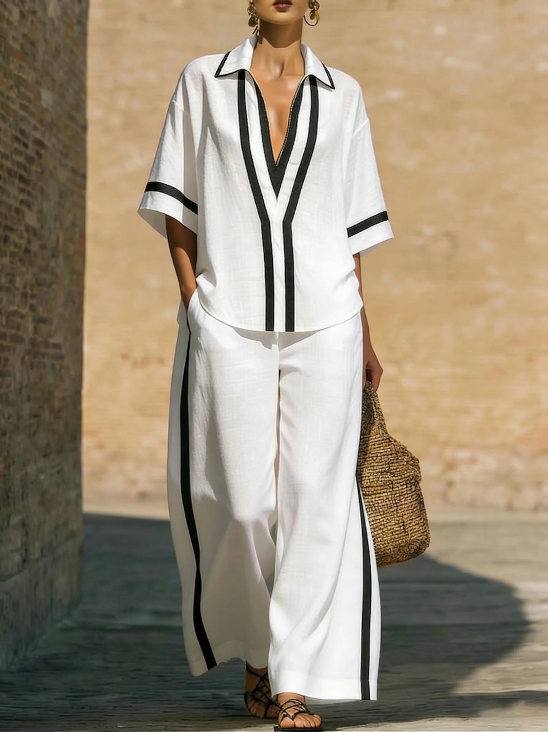 Contrast Trim V-Neck Shirt & Wide-Leg Pants Set