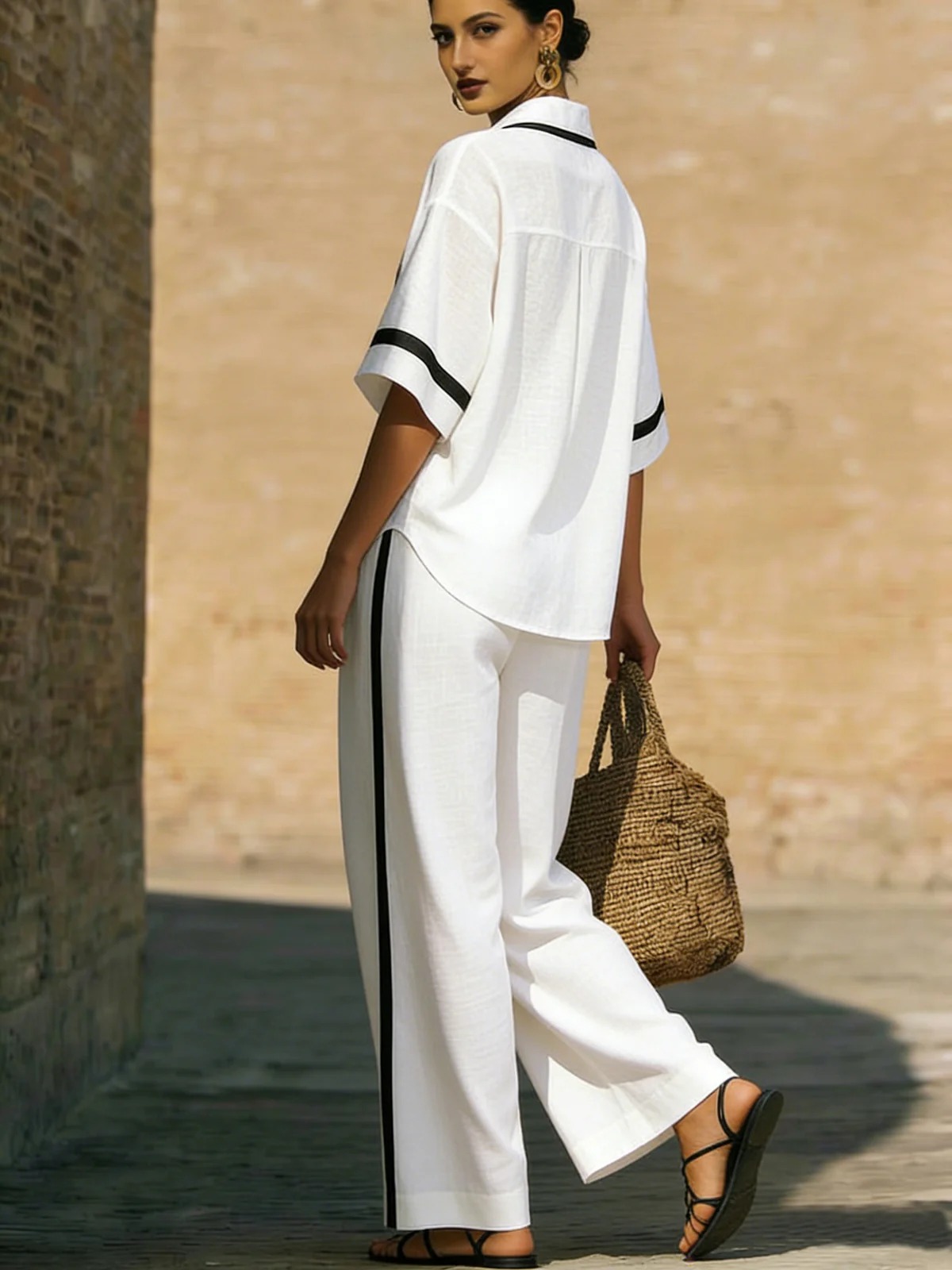 Contrast Trim V-Neck Shirt & Wide-Leg Pants Set