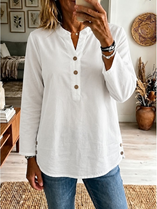 Women's Shirt Solid Color Vacation Daily Casual 3/4 Sleeve Stand Collar Long Tops
