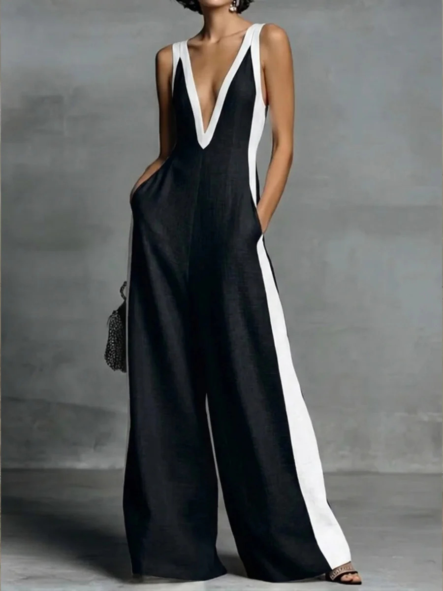 Cotton Casual Split Joint Color Block V Neck Tank Jumpsuit